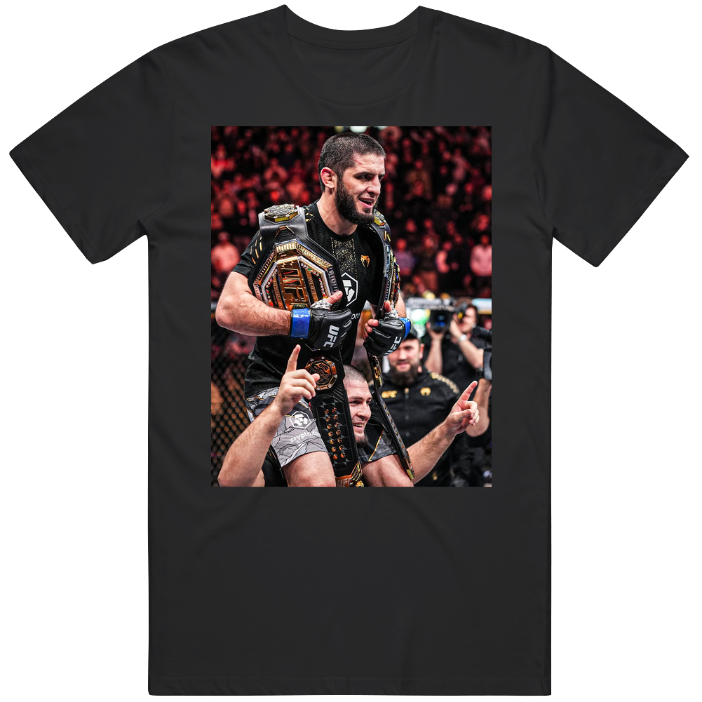 Islam Makhachev On Khabib Nurmagomedov Shoulders Mma Champion Fighter Fan T Shirt
